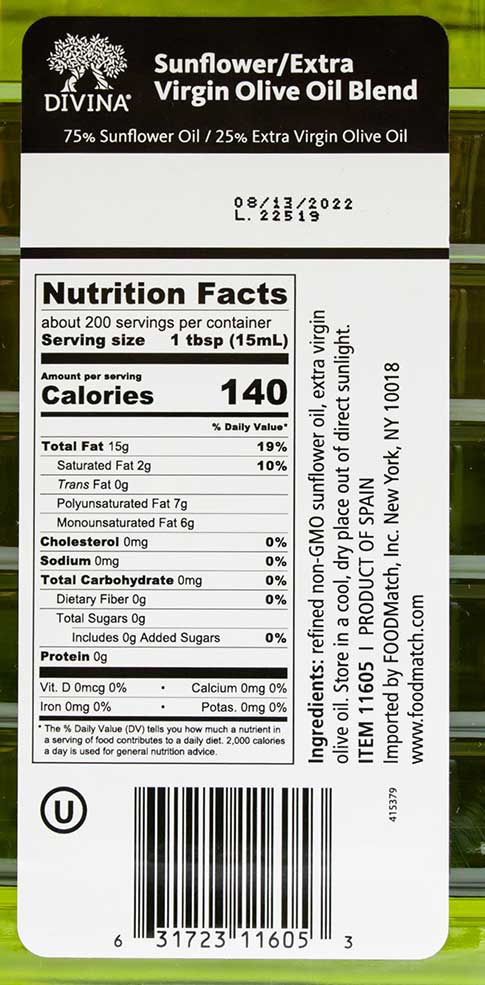 Sunflower Oil 75% Extra Virgin Olive Oil 25% Blend